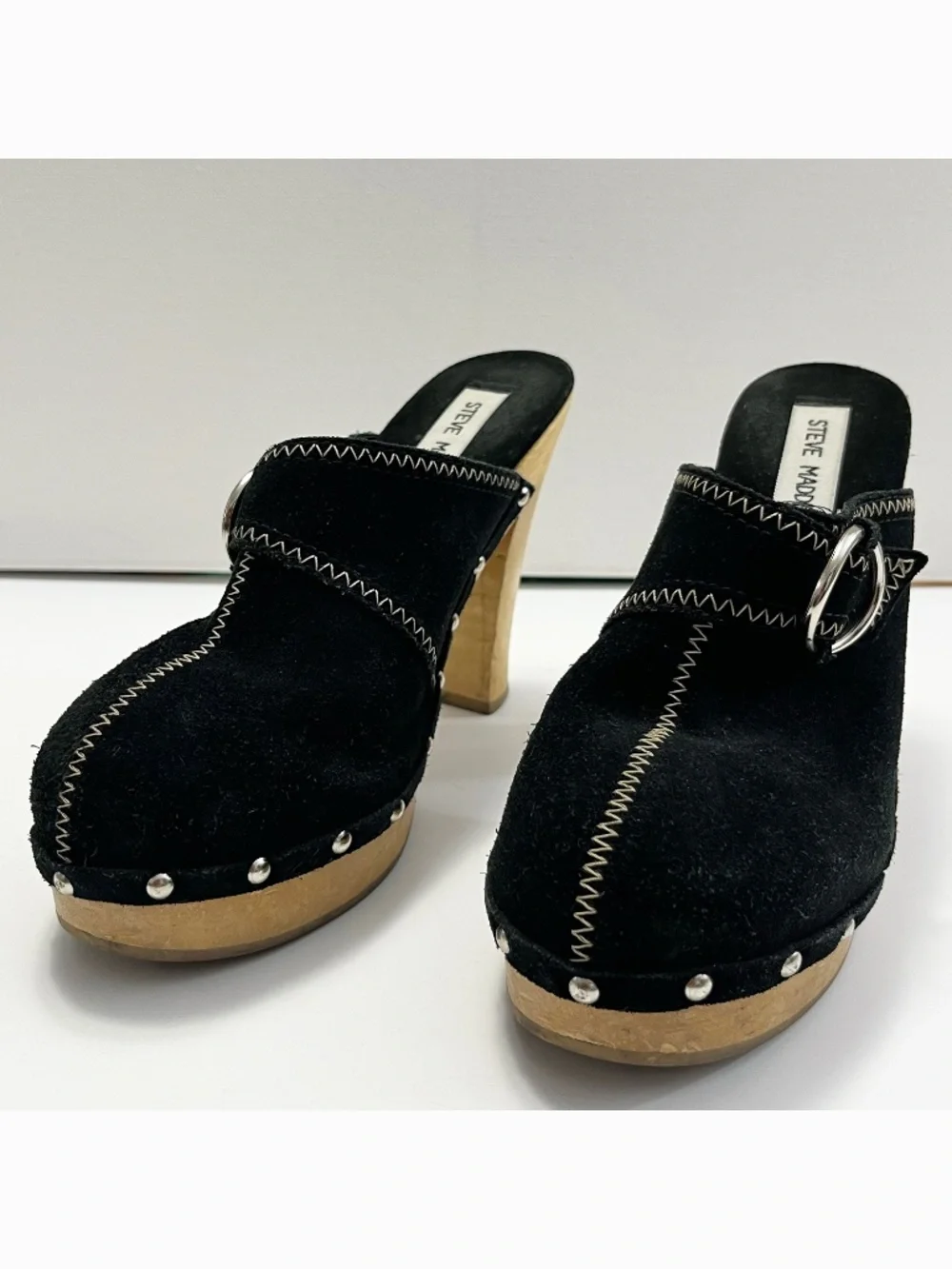 Vintage Steve Madden Women's Platform Heels Size 7 Black Suede Wood Heel